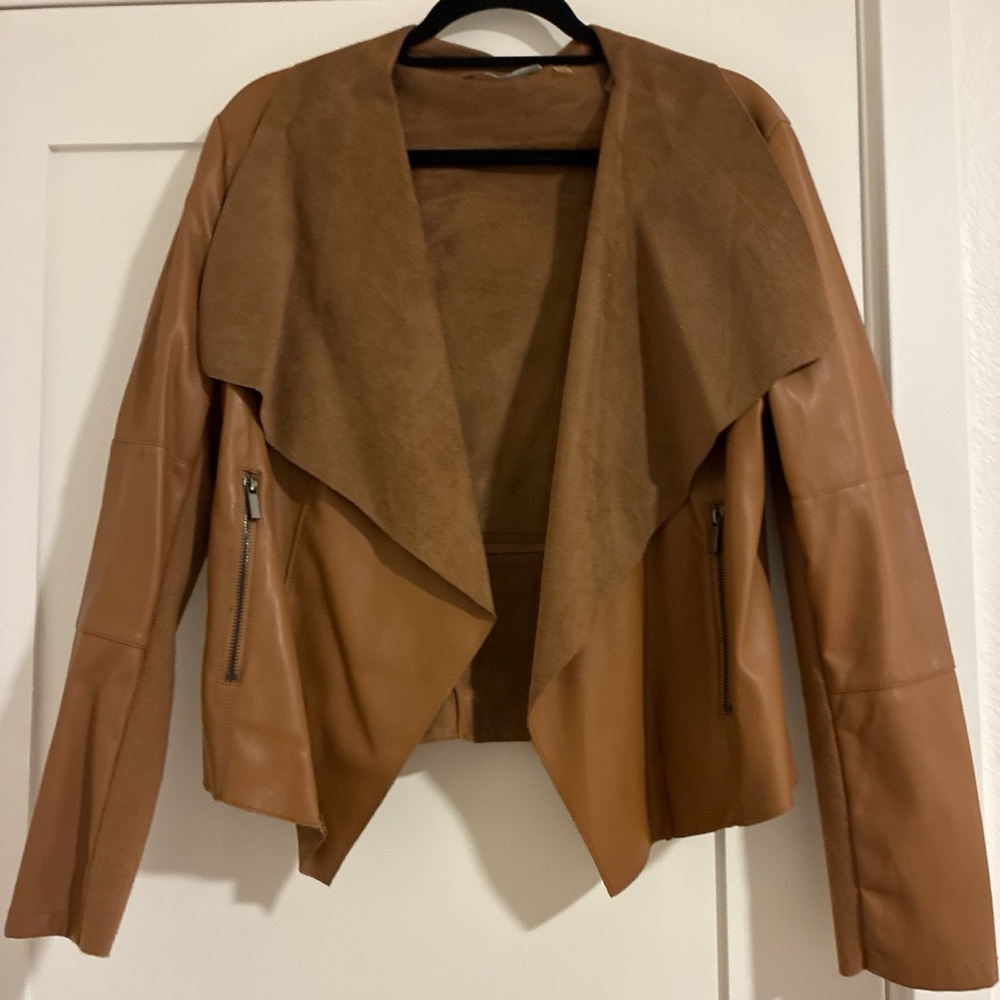 bagatelle Two-Tone Tan Faux Leather Draped Jacket